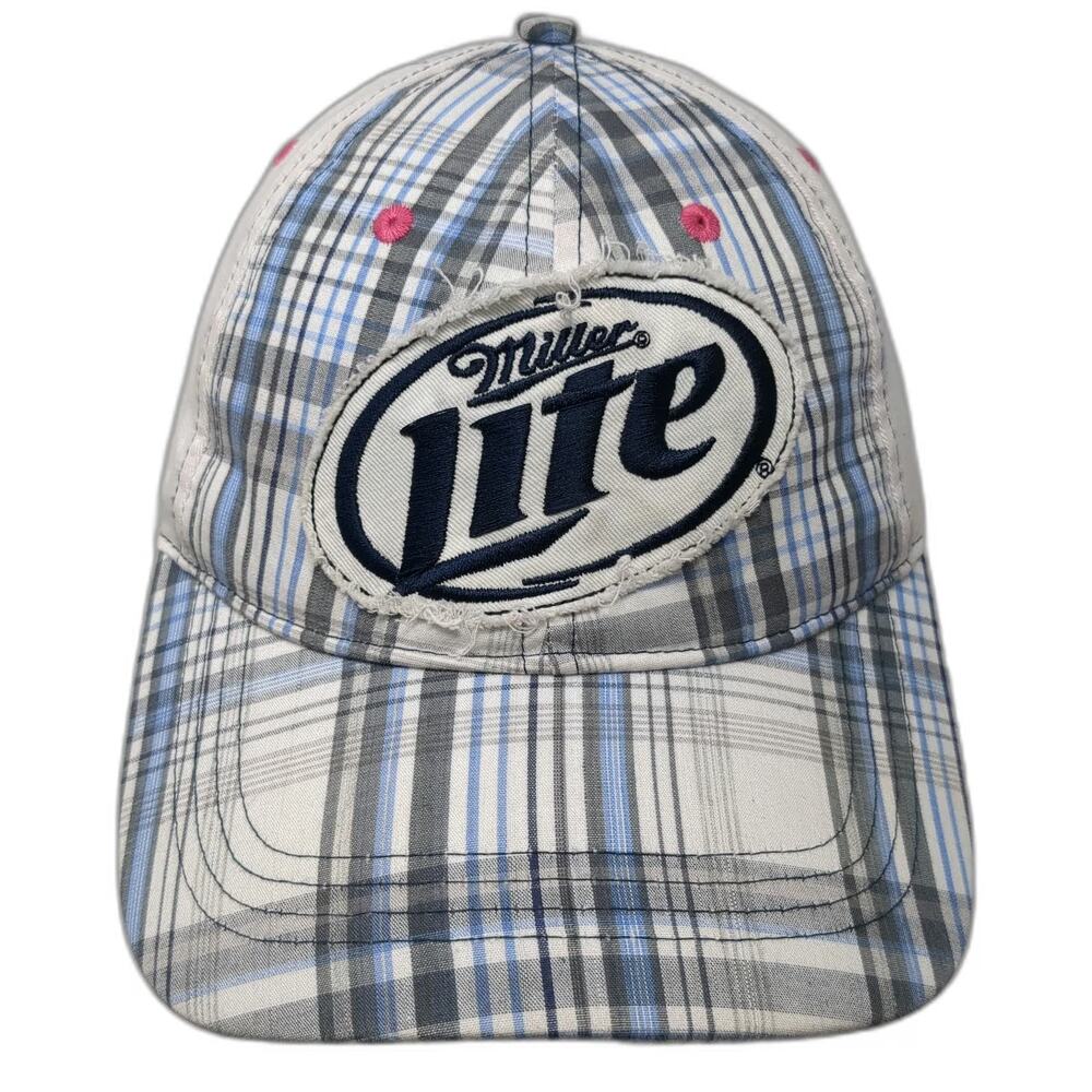Infinity Miller Lite Plaid Baseball Cap Hat White Blue Pink One Size Strapback